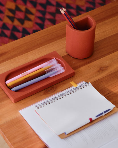 Alkaline The Slab minimalist resin tray – Terracotta – lifestyle desk styled