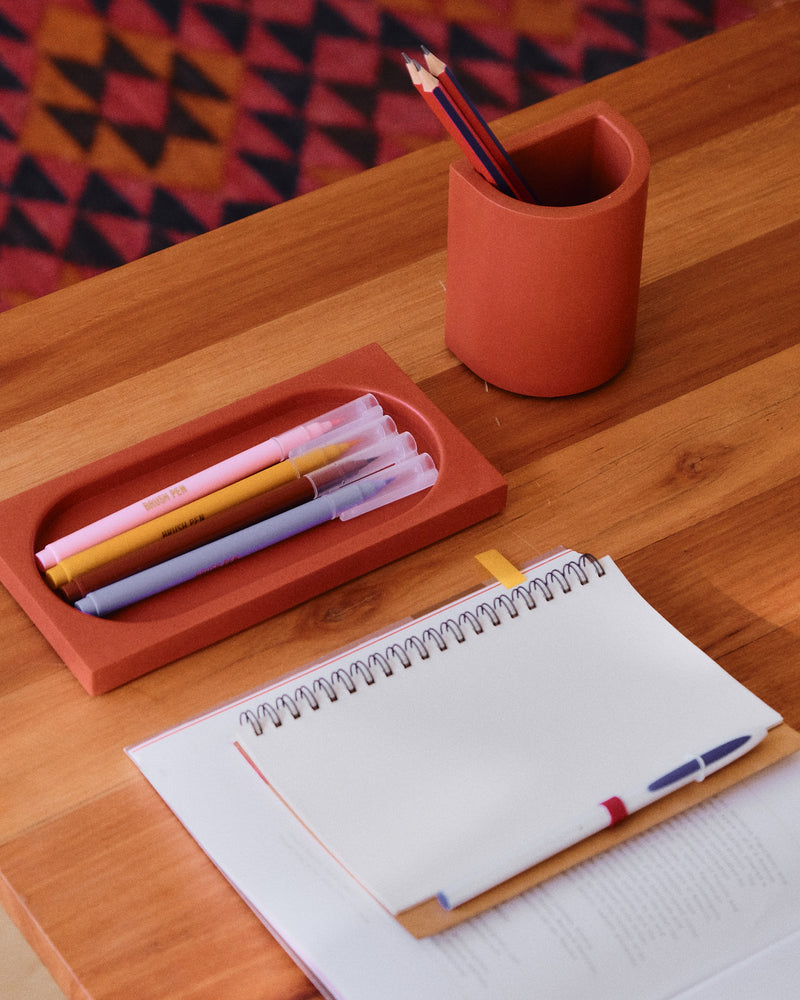 Alkaline The Slab minimalist resin tray – Terracotta – lifestyle desk styled