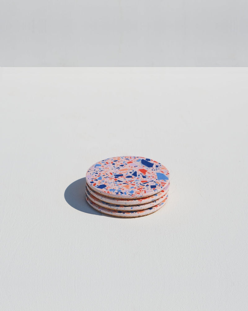 Alkaline terrazzo resin drink coaster – Confetti – top view set of 4