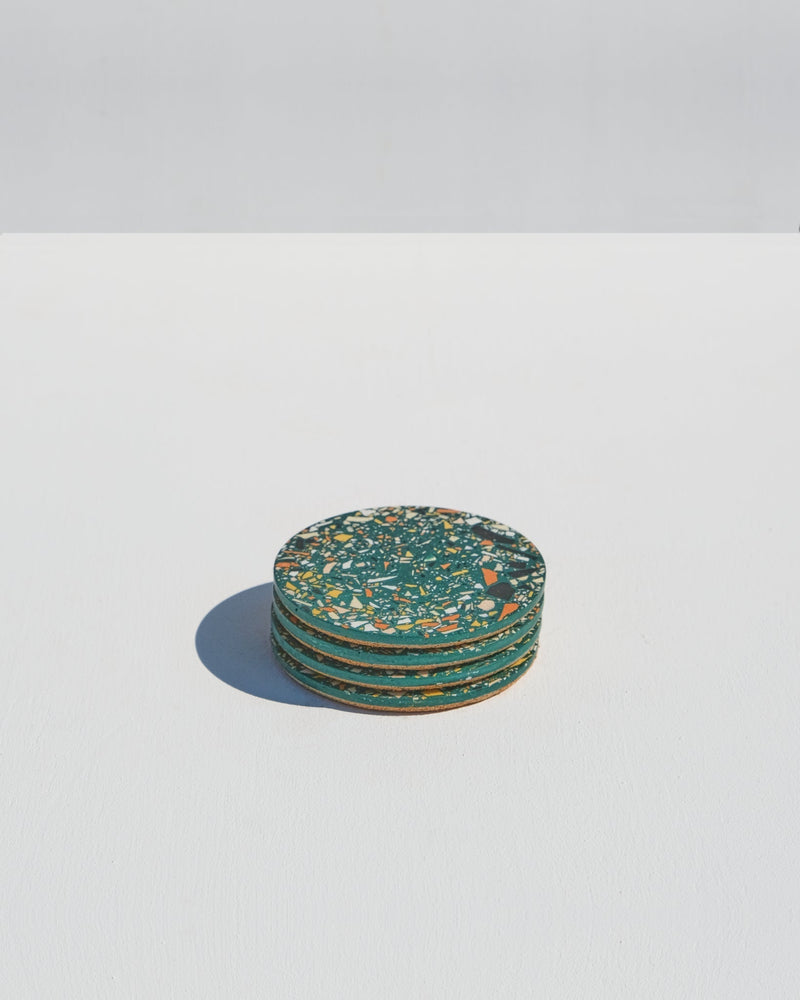 Alkaline terrazzo resin drink coaster – Emerald – top view set of 4