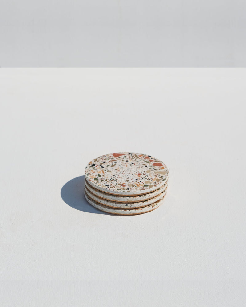 Alkaline terrazzo resin drink coaster – Neutral – top view set of 4