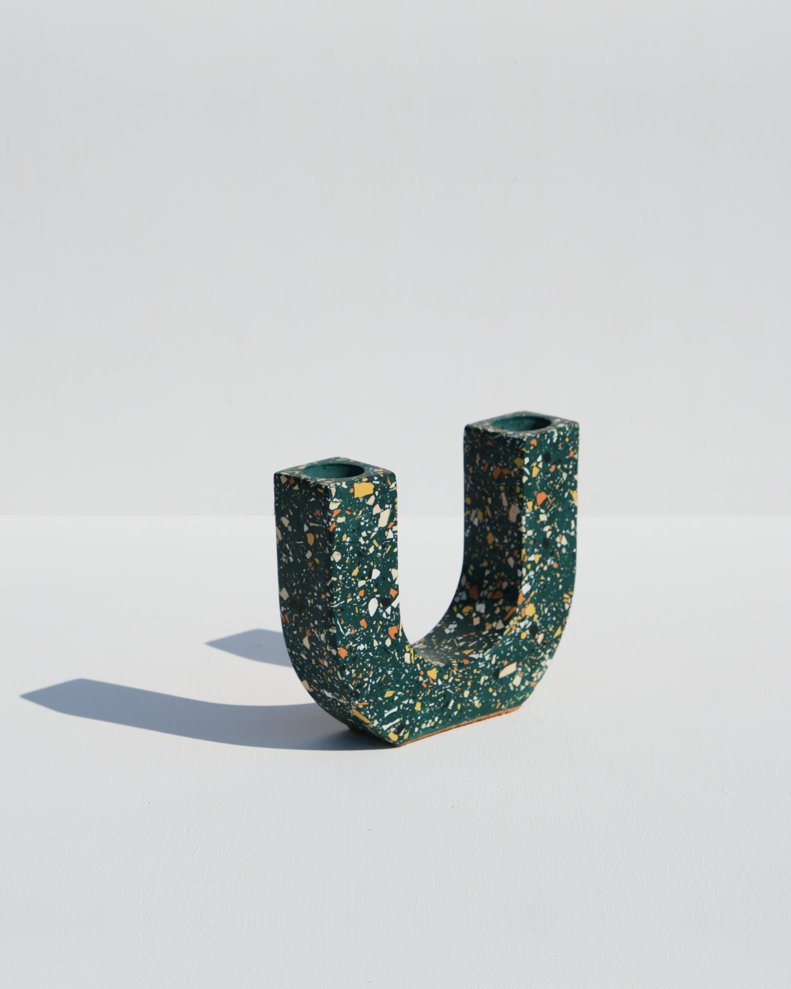 U-Shaped Candle Holder, emerald terrazzo style