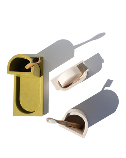 Alkaline The Arc minimalist resin holder – Muted Lime – inside Slab Tray