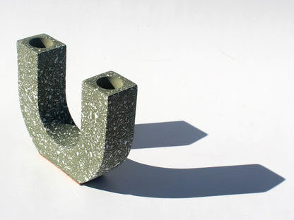 Olive green and white terrazzo, U-shaped candlestick holder 